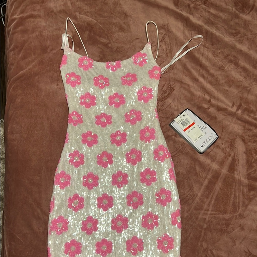 White and Pink Floral Sequin Dress